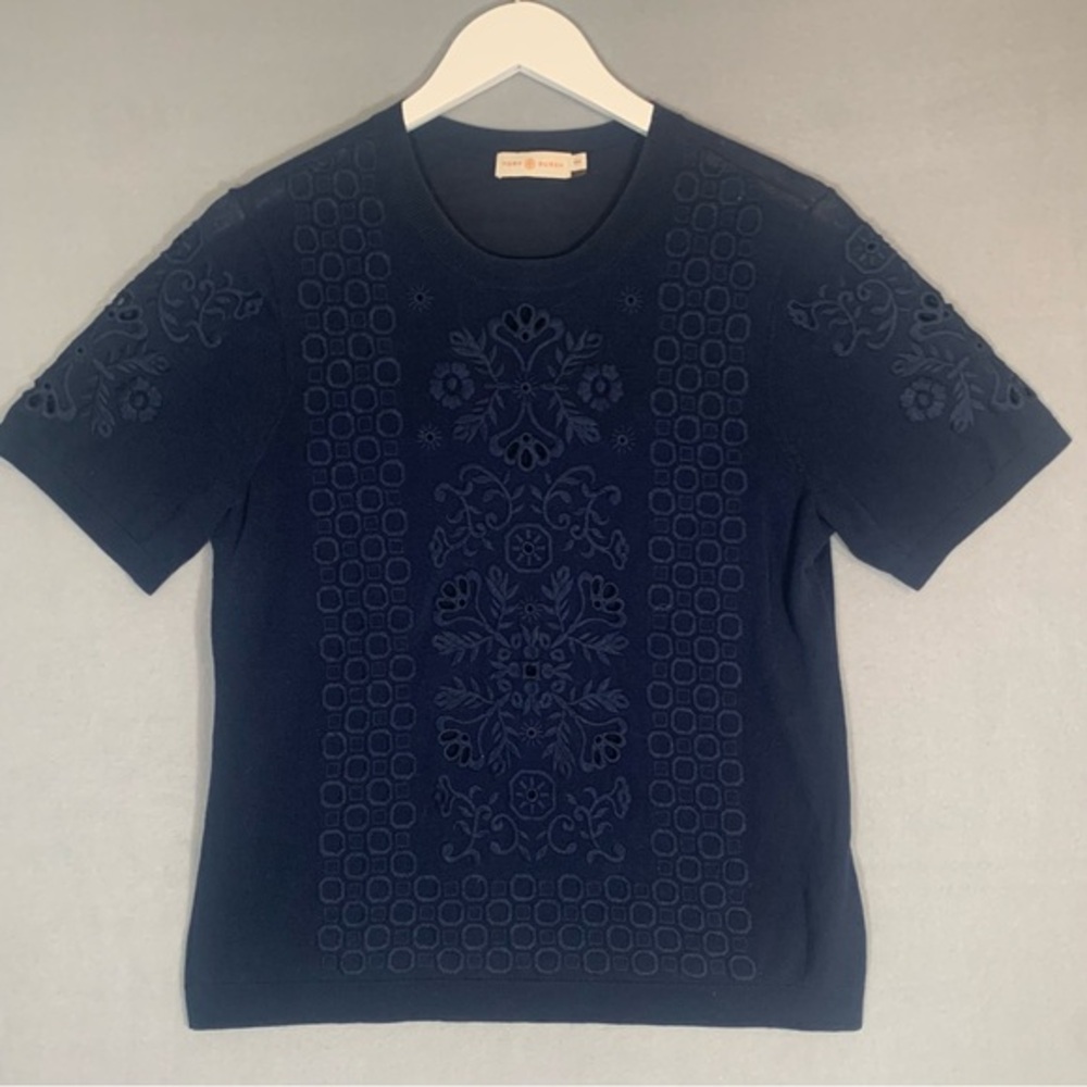 Tory Burch Womens Medium Romantic Embroidered Cotton Knitted Top Navy Blue
